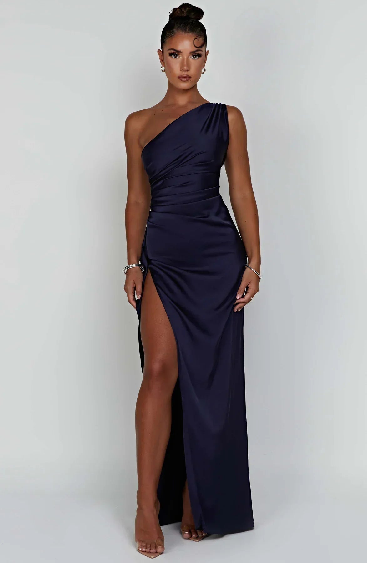 1One Shoulder Pleated Split Satin Dress