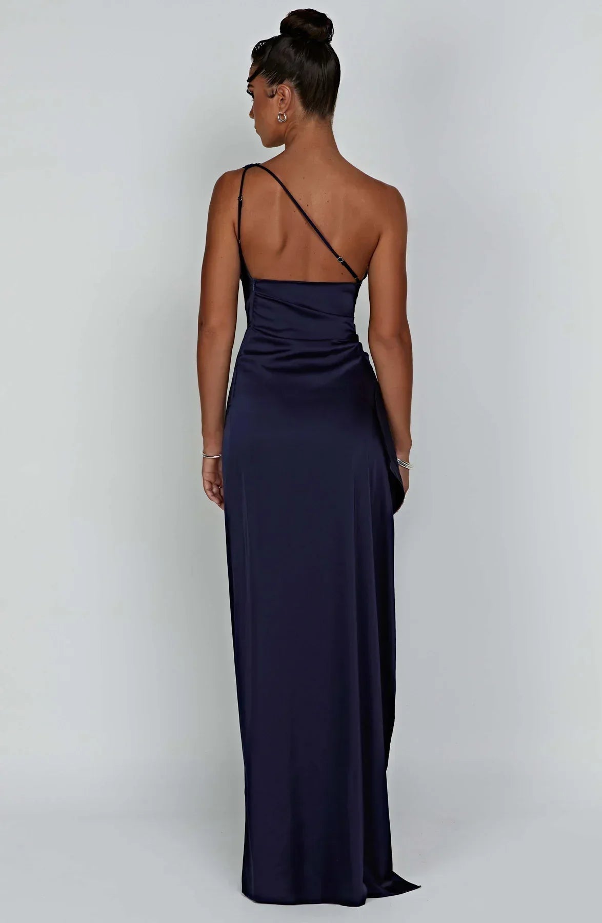 1One Shoulder Pleated Split Satin Dress