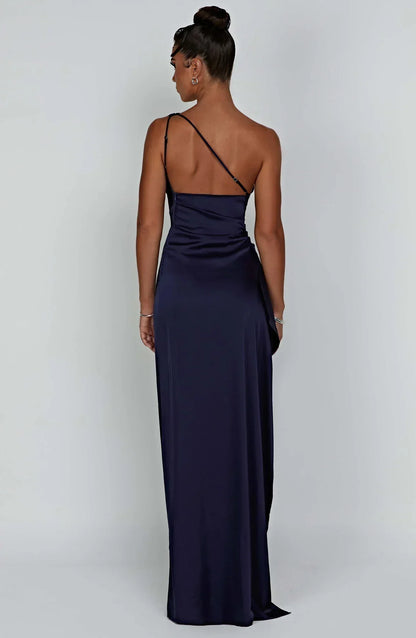 1One Shoulder Pleated Split Satin Dress