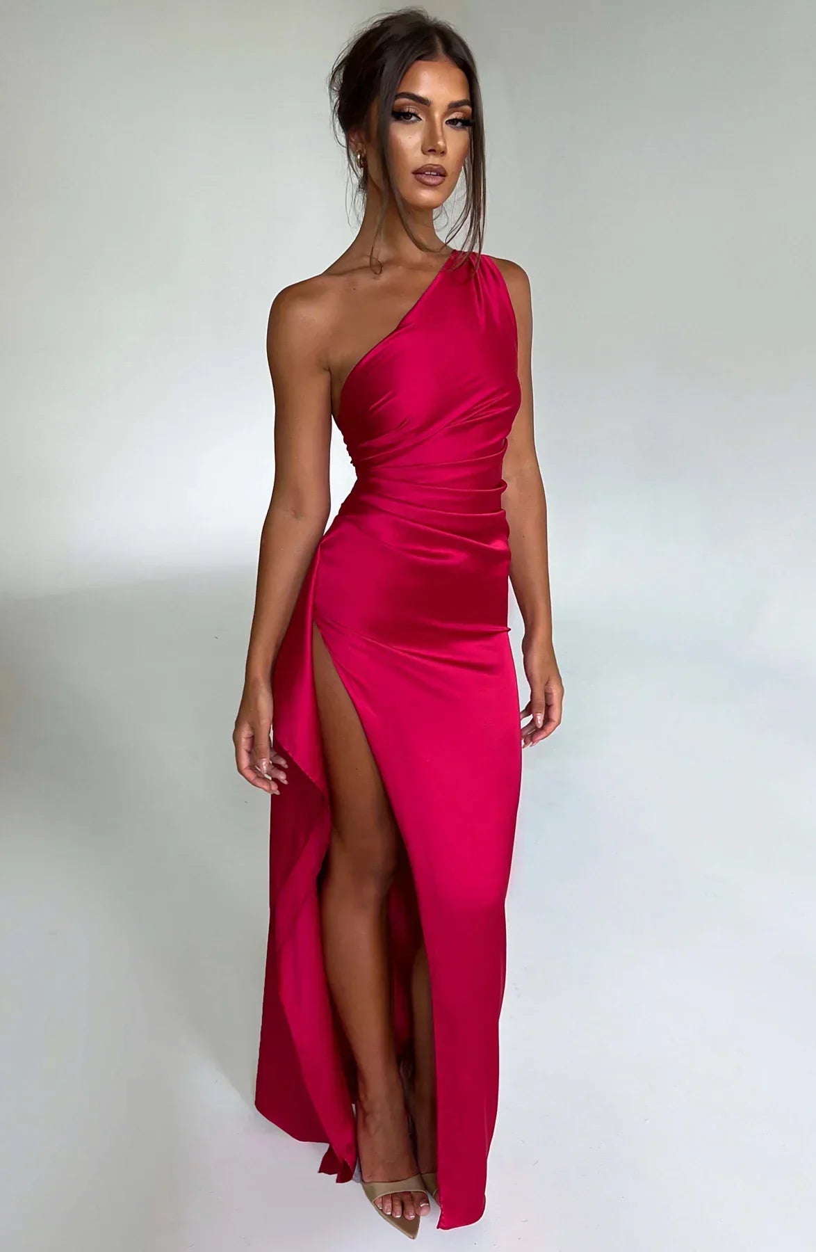 1One Shoulder Pleated Split Satin Dress