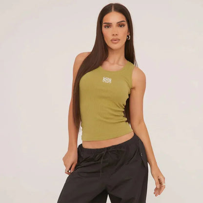 Geripptes Tanktop mit zarter Stickerei