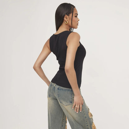 Geripptes Tanktop mit zarter Stickerei